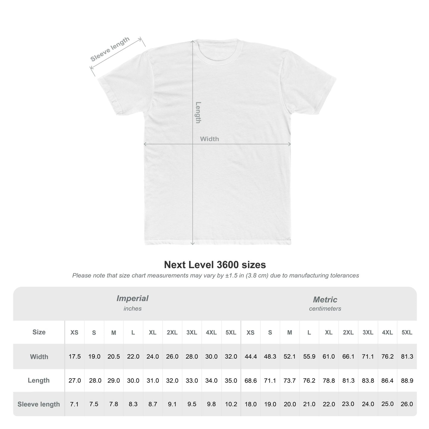 White short-sleeve T-shirt with size chart and measurement lines