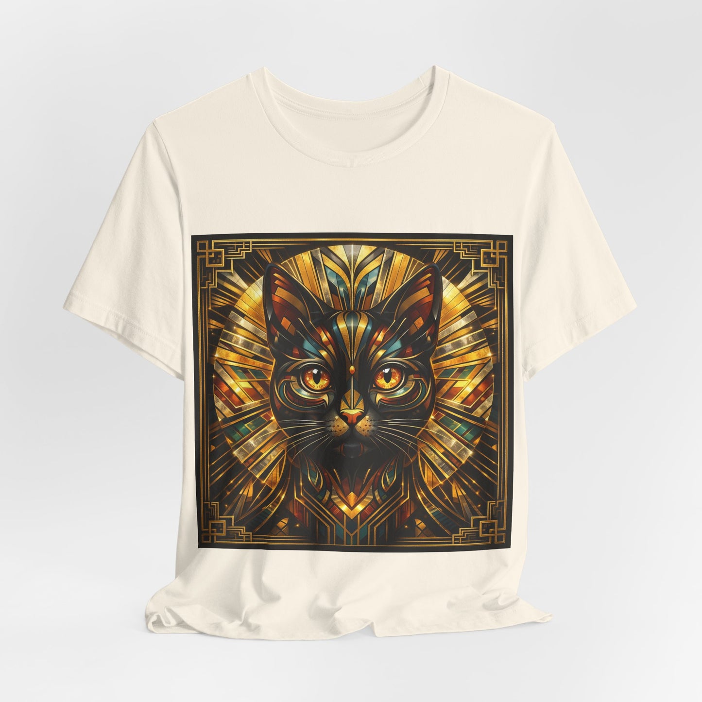 Art Deco Cat T-Shirt — Golden Geometric Cat Face Tee