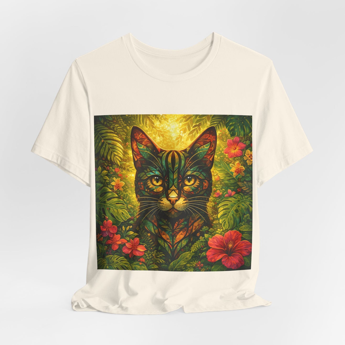 Tropical Cat T‑Shirt — Vibrant Floral Jungle Cat Art Tee