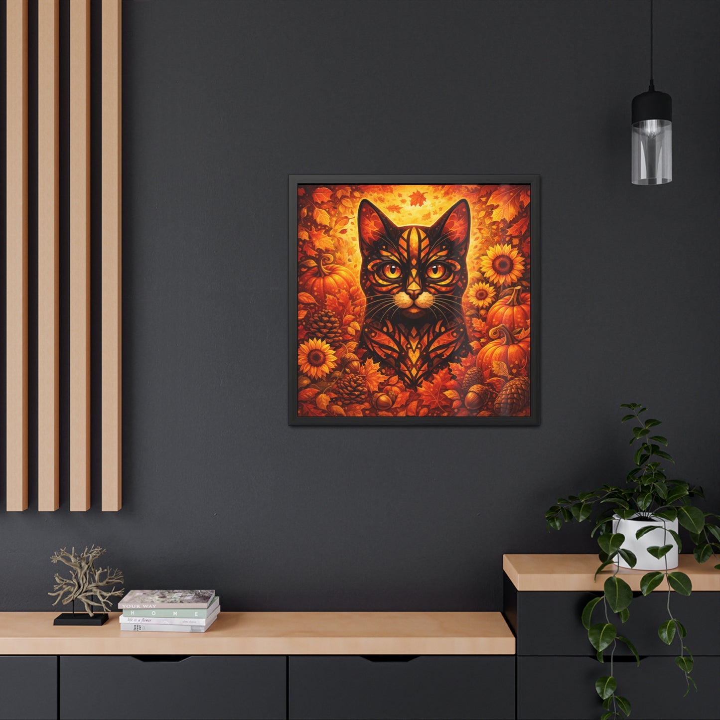 Autumn Cat Framed Poster — Halloween Pumpkin & Sunflower Wall Art