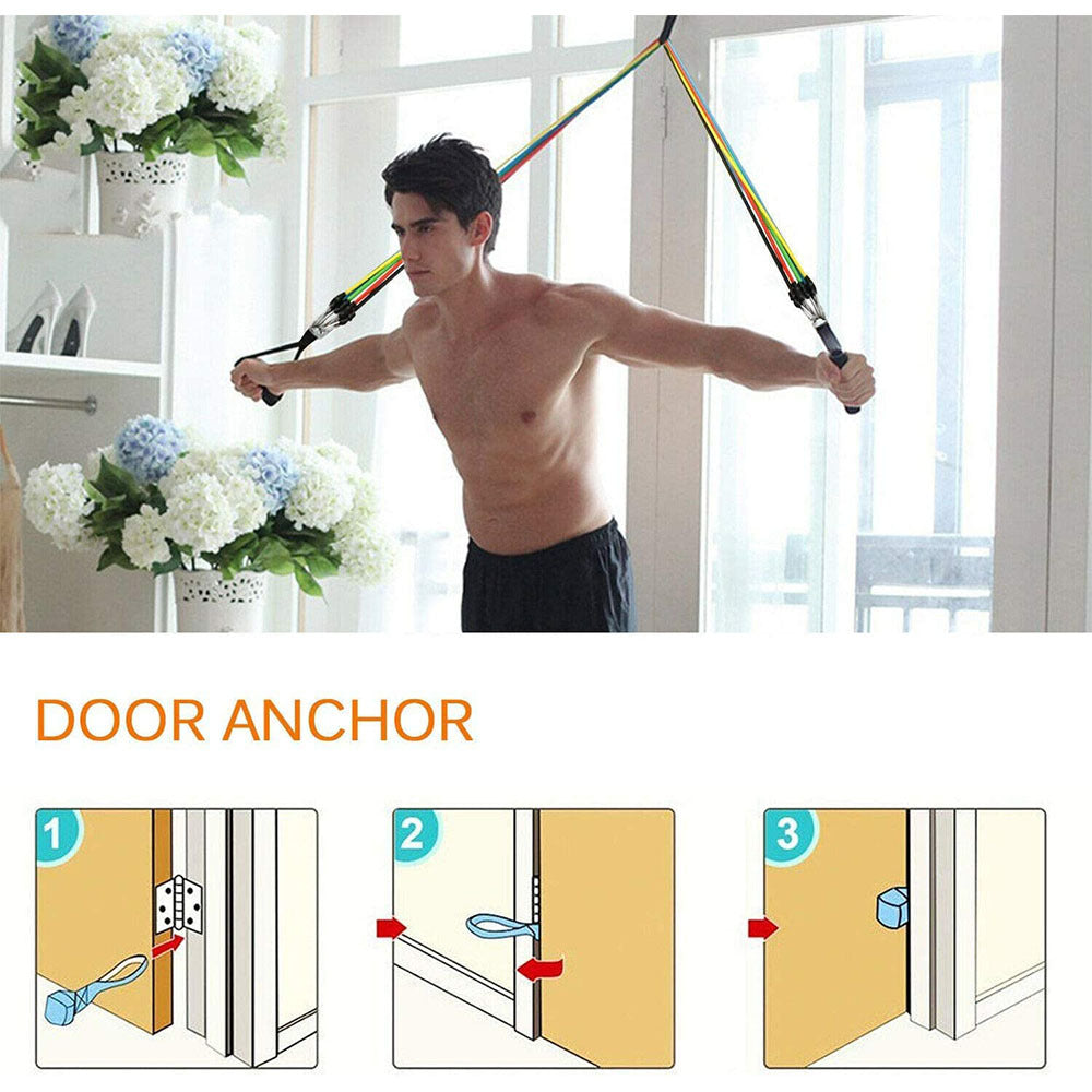 Resistance band set with door anchor and multi-tube bands attached to a door frame