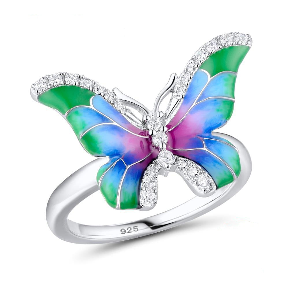 Butterfly enamel ring with multicolor wing design and crystal pavé accents
