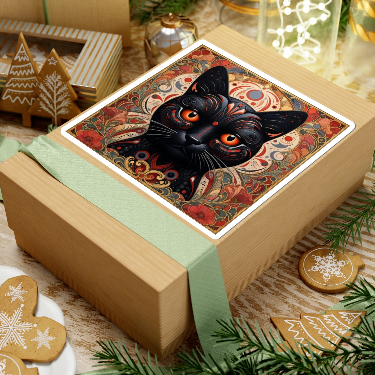 Black Cat Art Sticker — Ornate Orange Eyes Kiss-Cut Vinyl Sticker