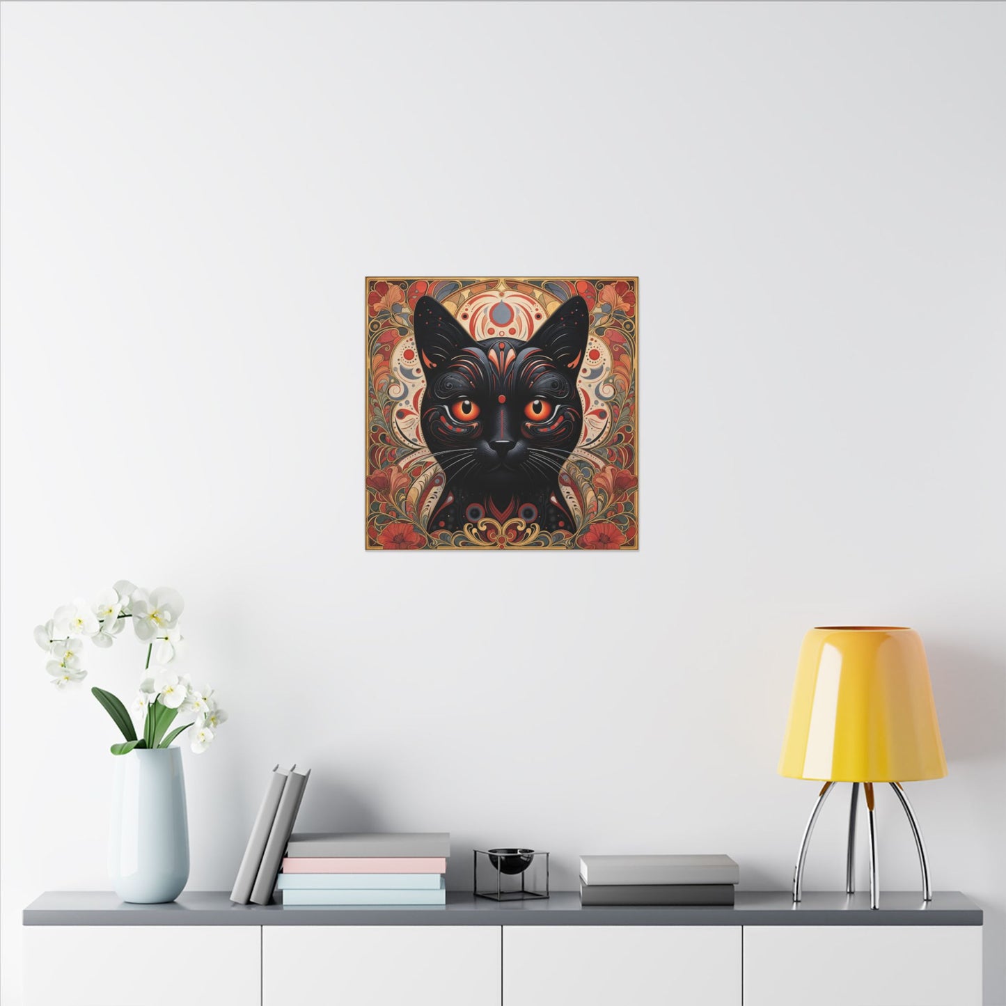 Mystic Black Cat Canvas Wall Art — Gothic Boho Cat Portrait