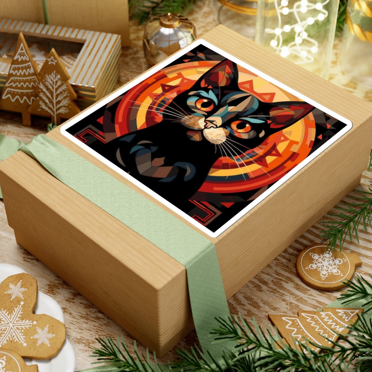 Mystic Black Cat Sticker — Retro Geometric Kiss-Cut Decal
