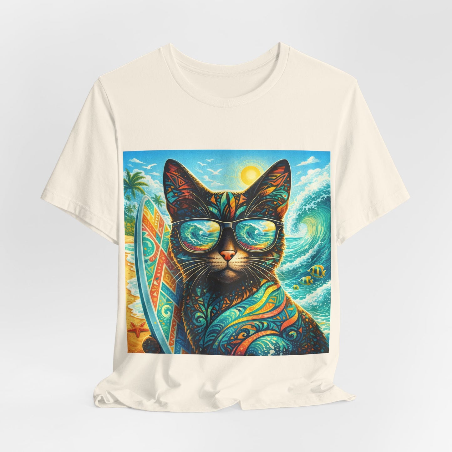 Surf Cat T-Shirt — Retro Tropical Cat with Sunglasses & Surfboard