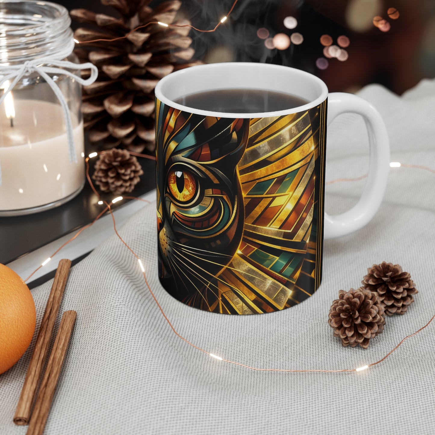 11oz Cat Mug — Golden Geometric Mystic Cat Coffee Cup
