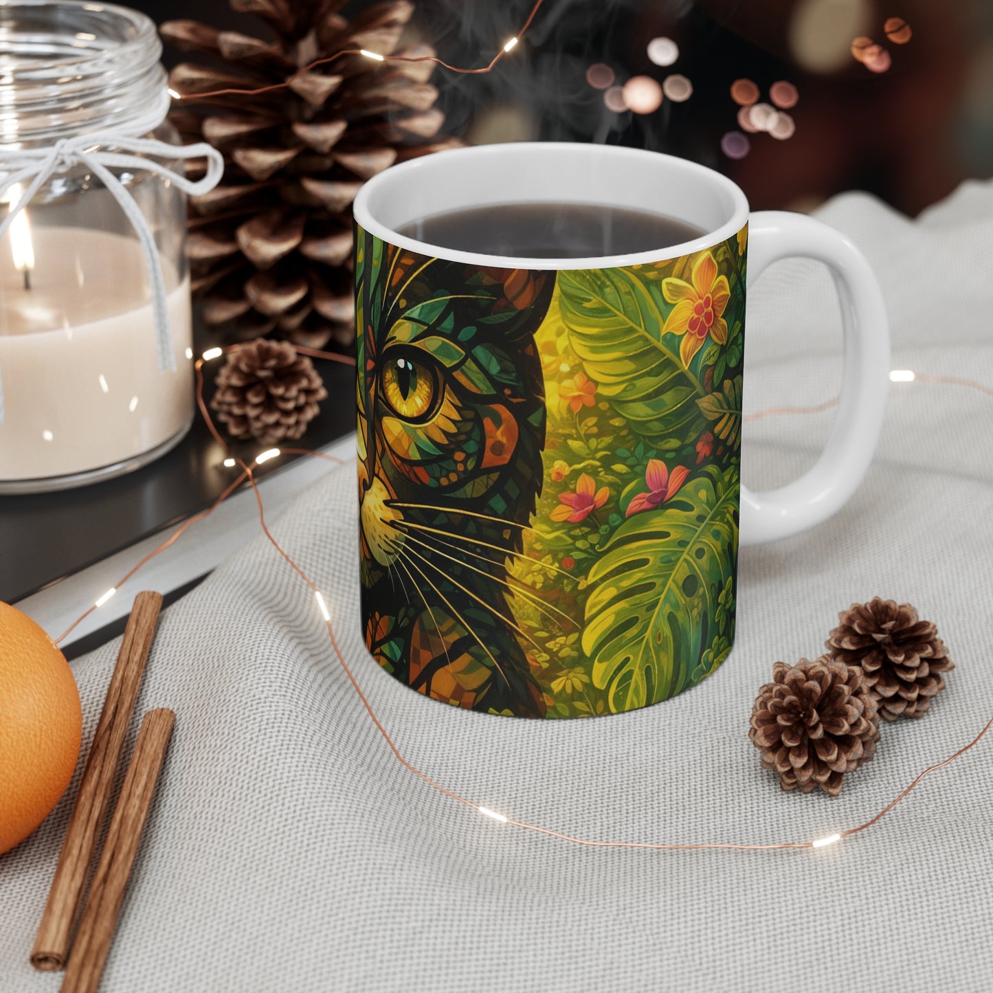 11oz Ceramic Mug - Stained Glass Jungle Cat Design (Colorful Cat Art)