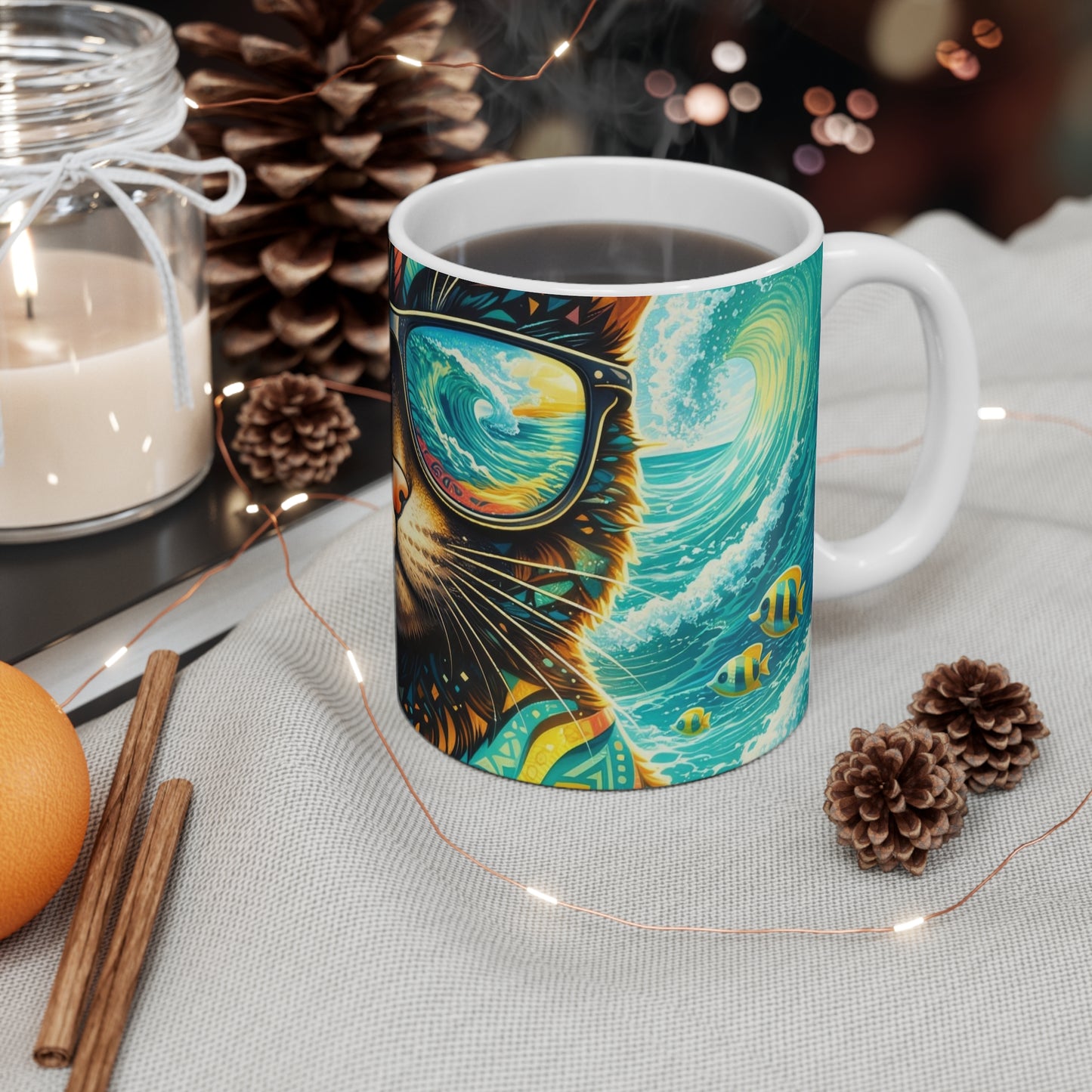 Cat with Sunglasses Wave Reflection Mug — Colorful Surf Vibes 11oz