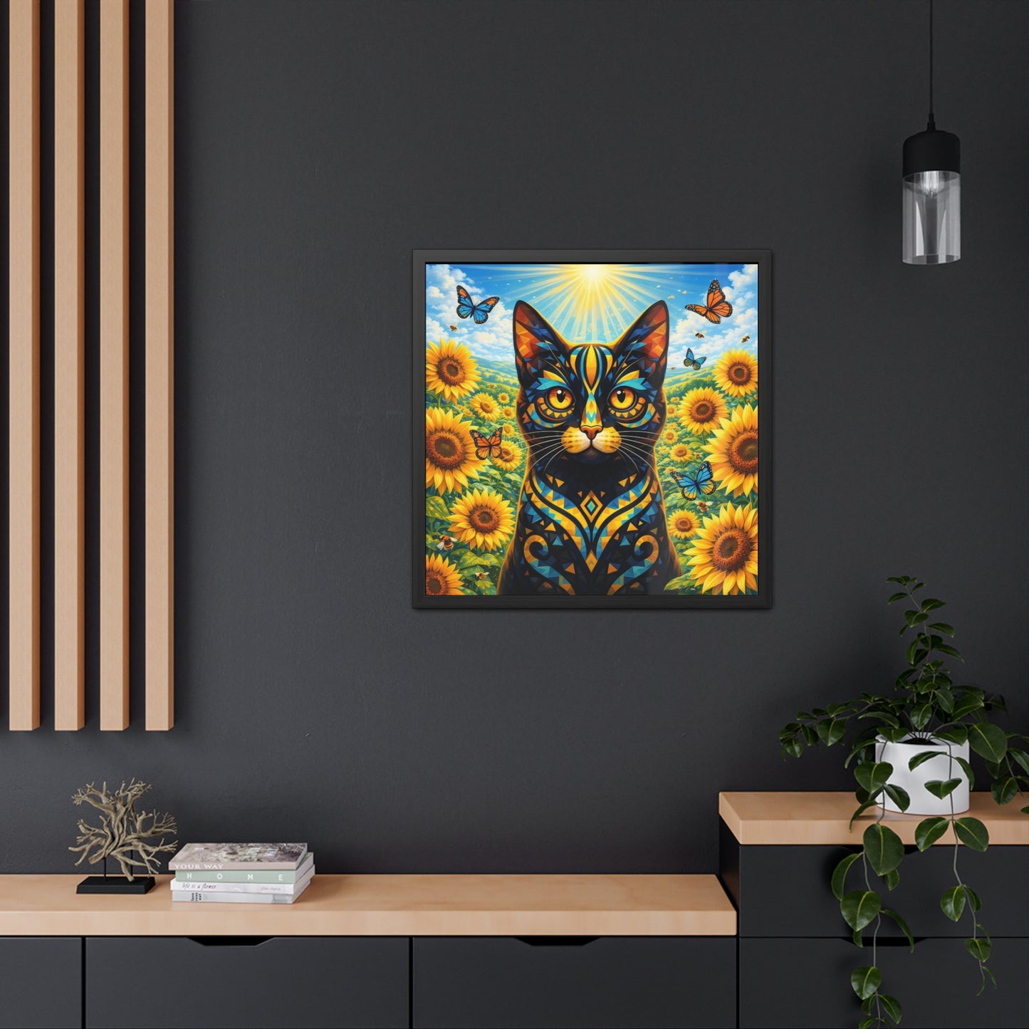 Sunflower Cat Framed Poster — Vibrant Stained-Glass Cat Art Print