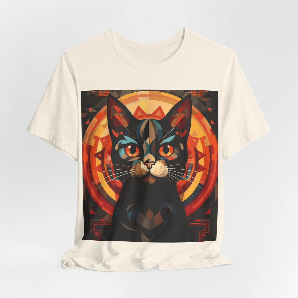 Cat portrait T-shirt, cream, featuring square geometric cat face graphic centered