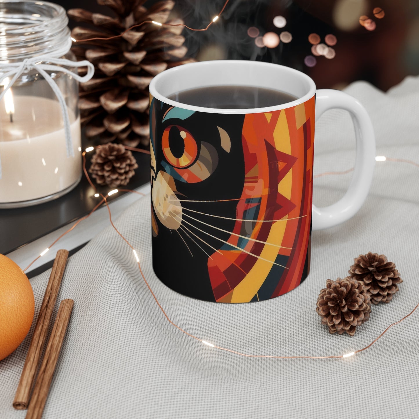 Colorful Geometric Cat Mug – Vibrant Pop Art Cat Face 11oz Ceramic