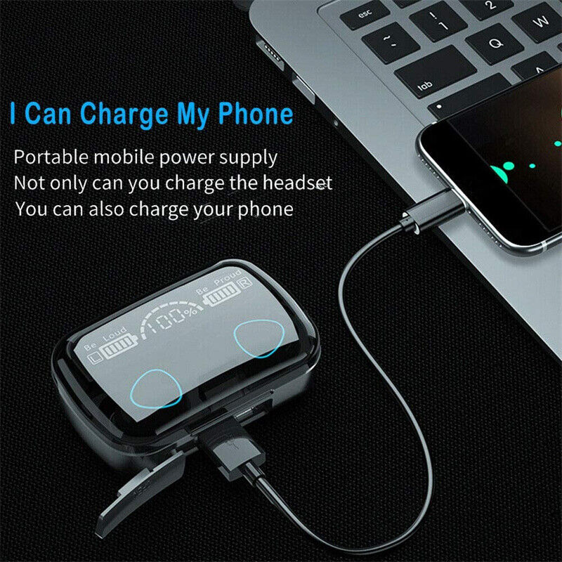 Black wireless earbuds charging case with USB cable and two charging ports