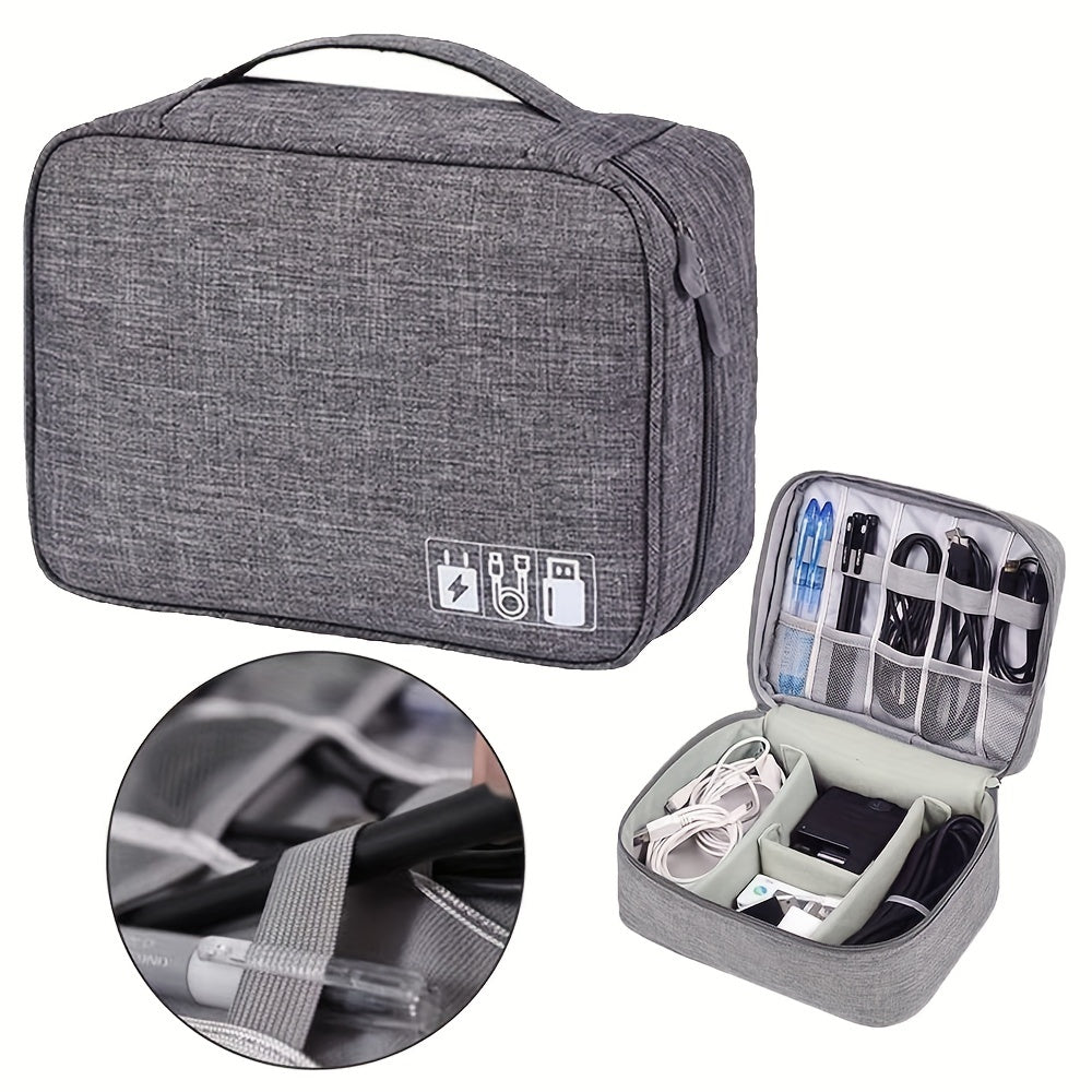 Gray zippered cable organizer bag with handle and clear organizer panel for devices