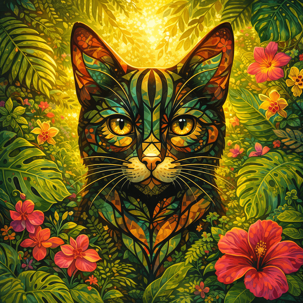 Cat face nature-themed print with colorful leaves and flowers