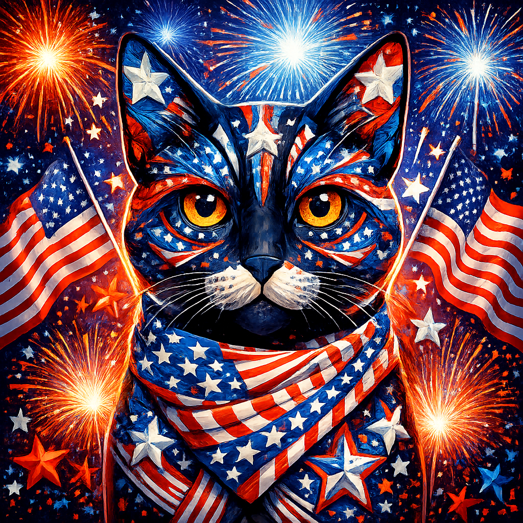Patriotic cat graphic with fireworks and U.S. flag bandana