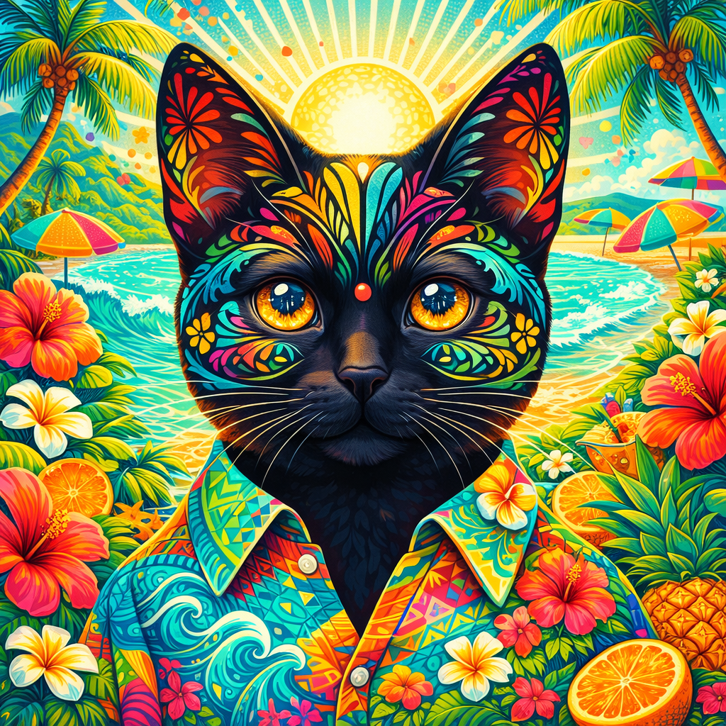 Colorful tropical cat face illustration on dark background, floral shirt pattern