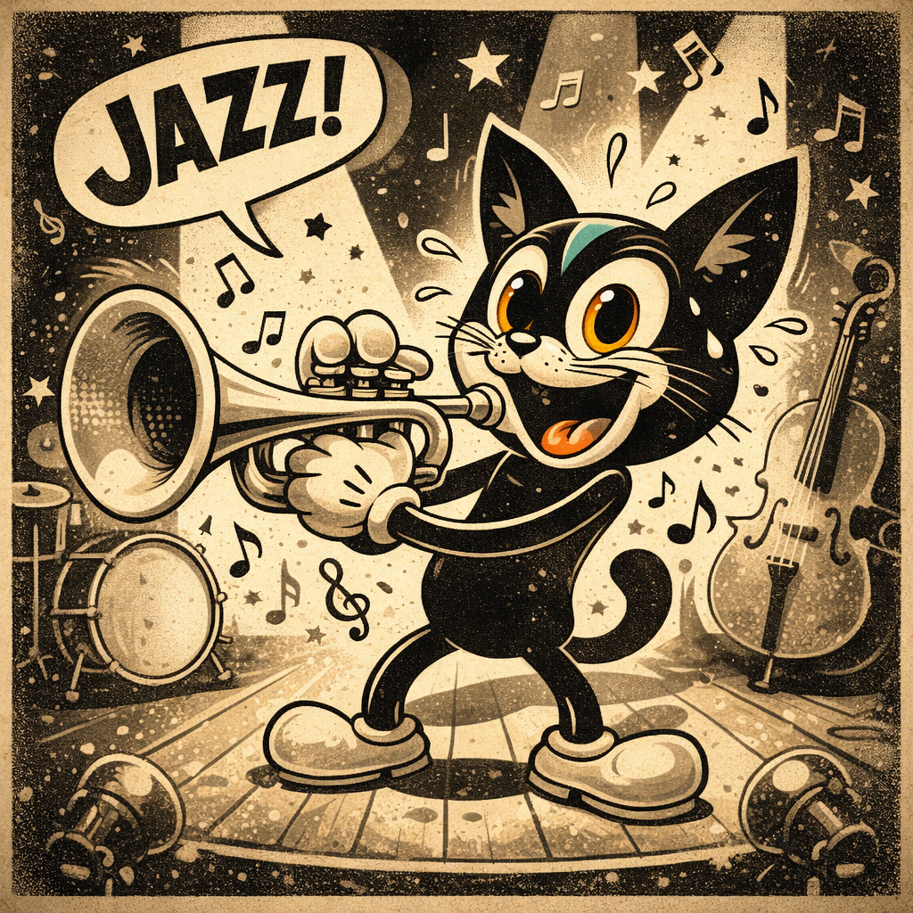 Jazz musician cat poster print with saxophone and stars, vintage sepia tones