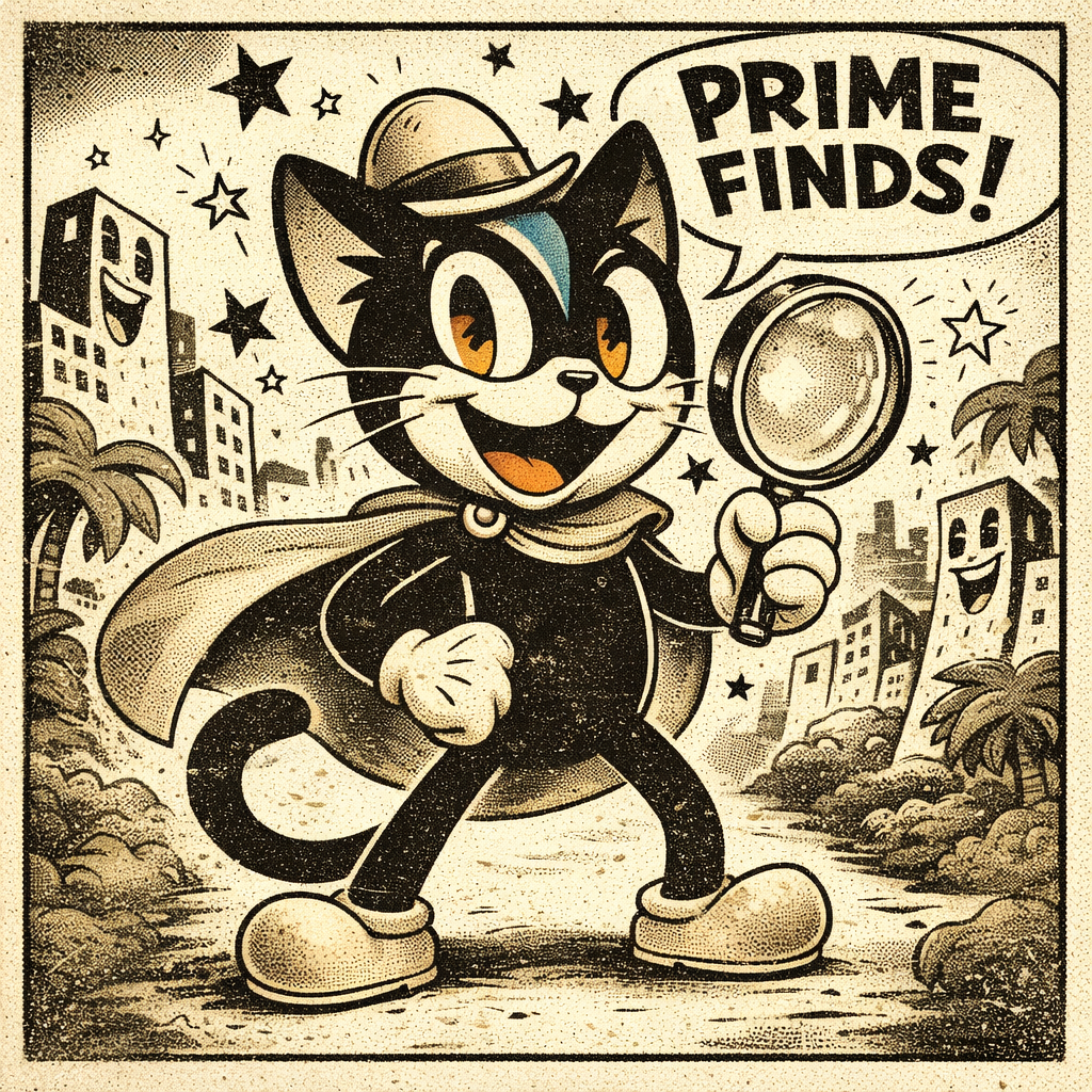 Vintage illustrated poster print with heroic cartoon cat holding flashlight, PRIME FINDS!