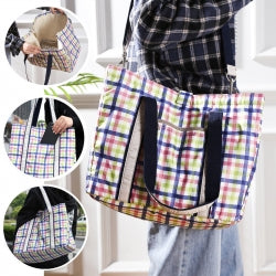 Insulated cooler tote bag in plaid with carrying handles and front zip pocket