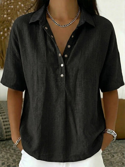 Women’s button-front short-sleeve pullover shirt, black with V-neck placket and collar