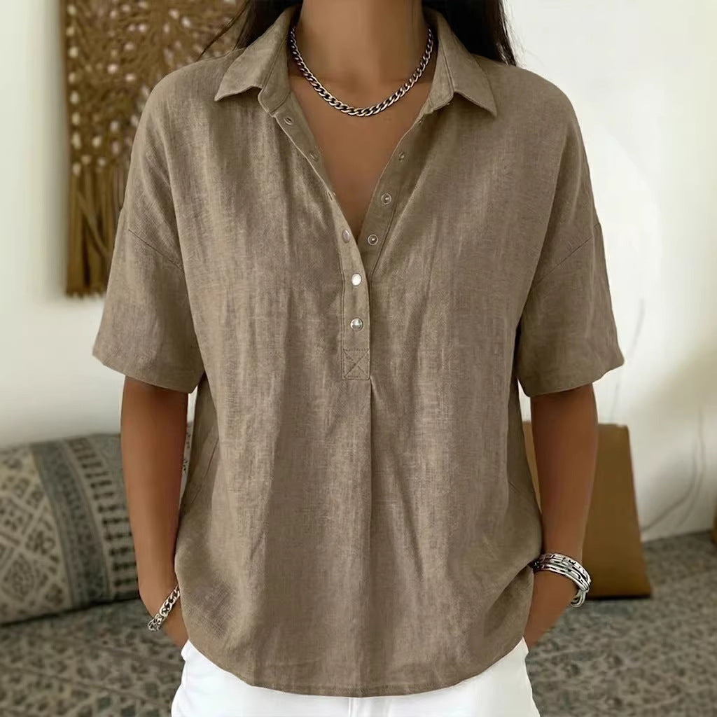 Women’s button-front short-sleeve pullover shirt, taupe with V-neck placket and collar