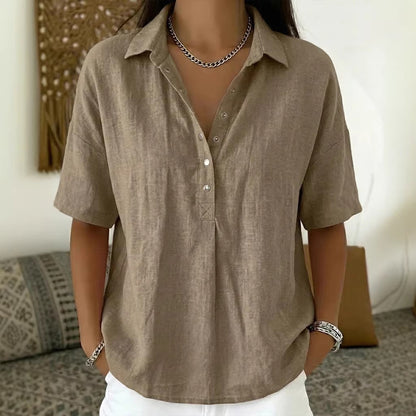 Women’s button-front short-sleeve pullover shirt, taupe with V-neck placket and collar