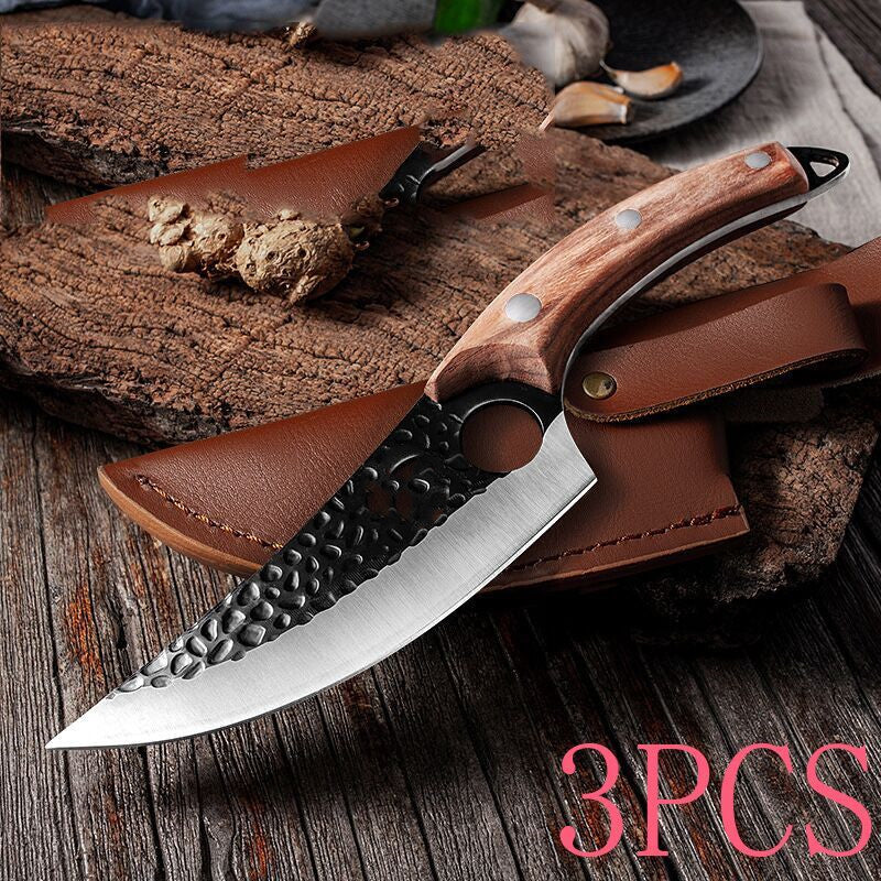 Boning and scimitar knives with brown handles and brown leather sheath