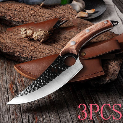 Boning and scimitar knives with brown handles and brown leather sheath