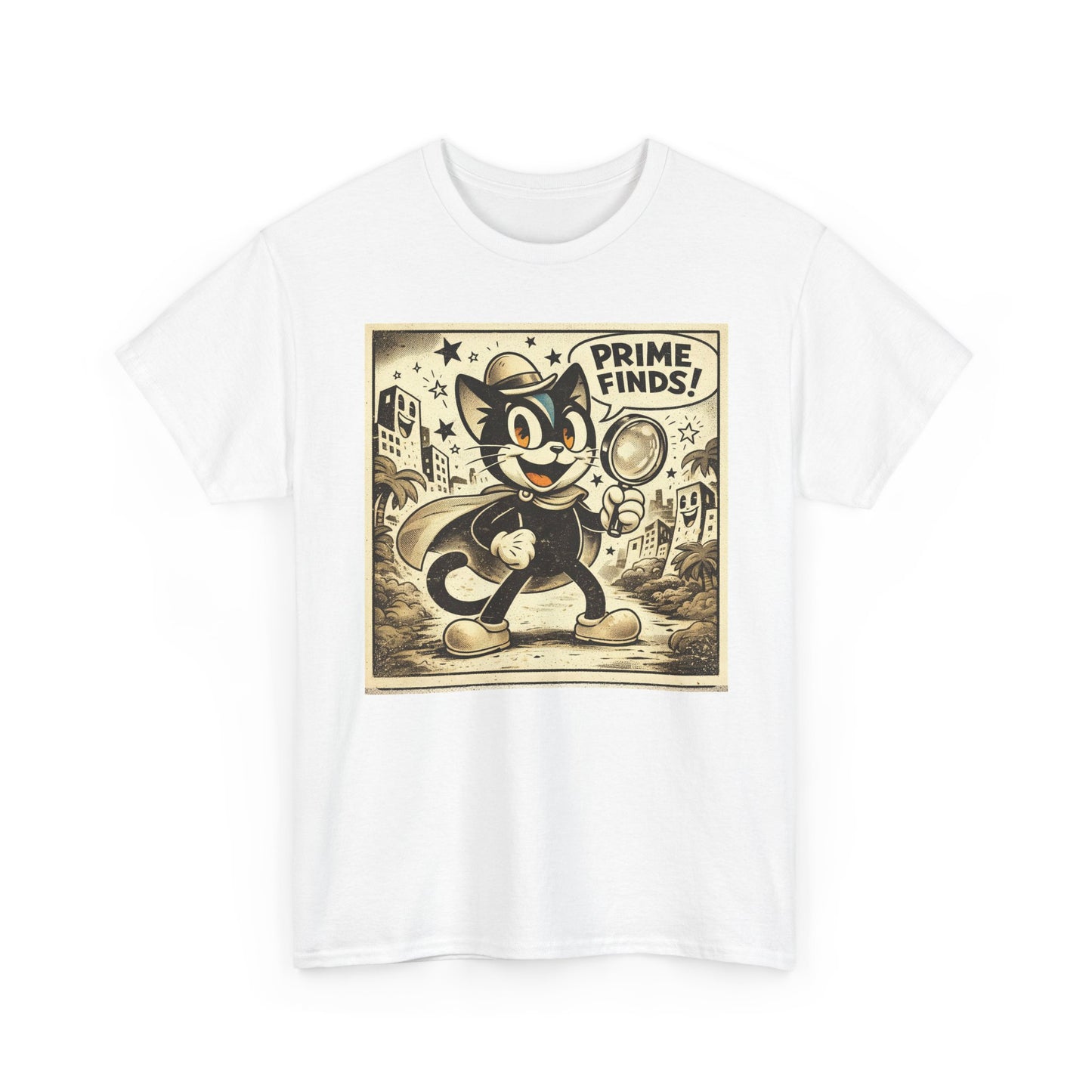 Retro Detective Cat T-Shirt — "Prime Finds!" Vintage Cartoon Tee