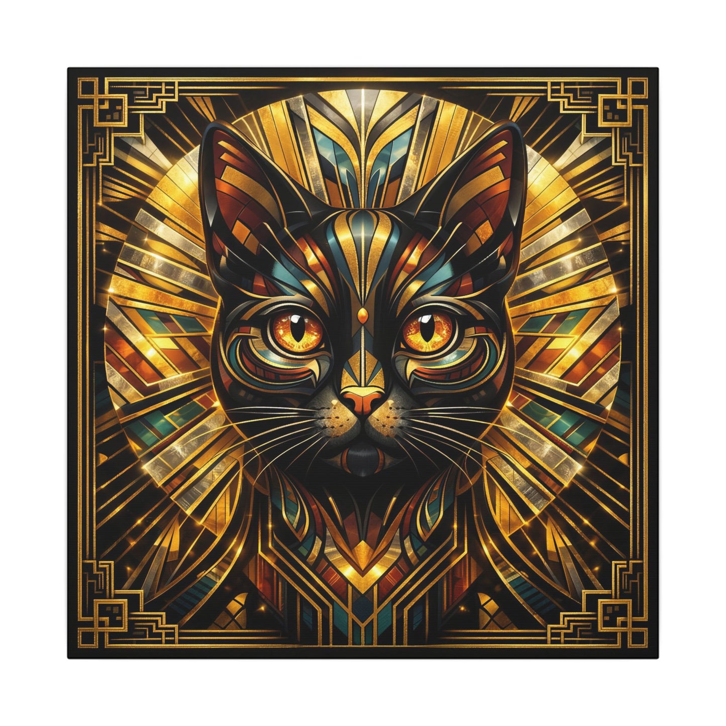 Art Deco Cat Canvas Print — Golden Geometric Feline Wall Art
