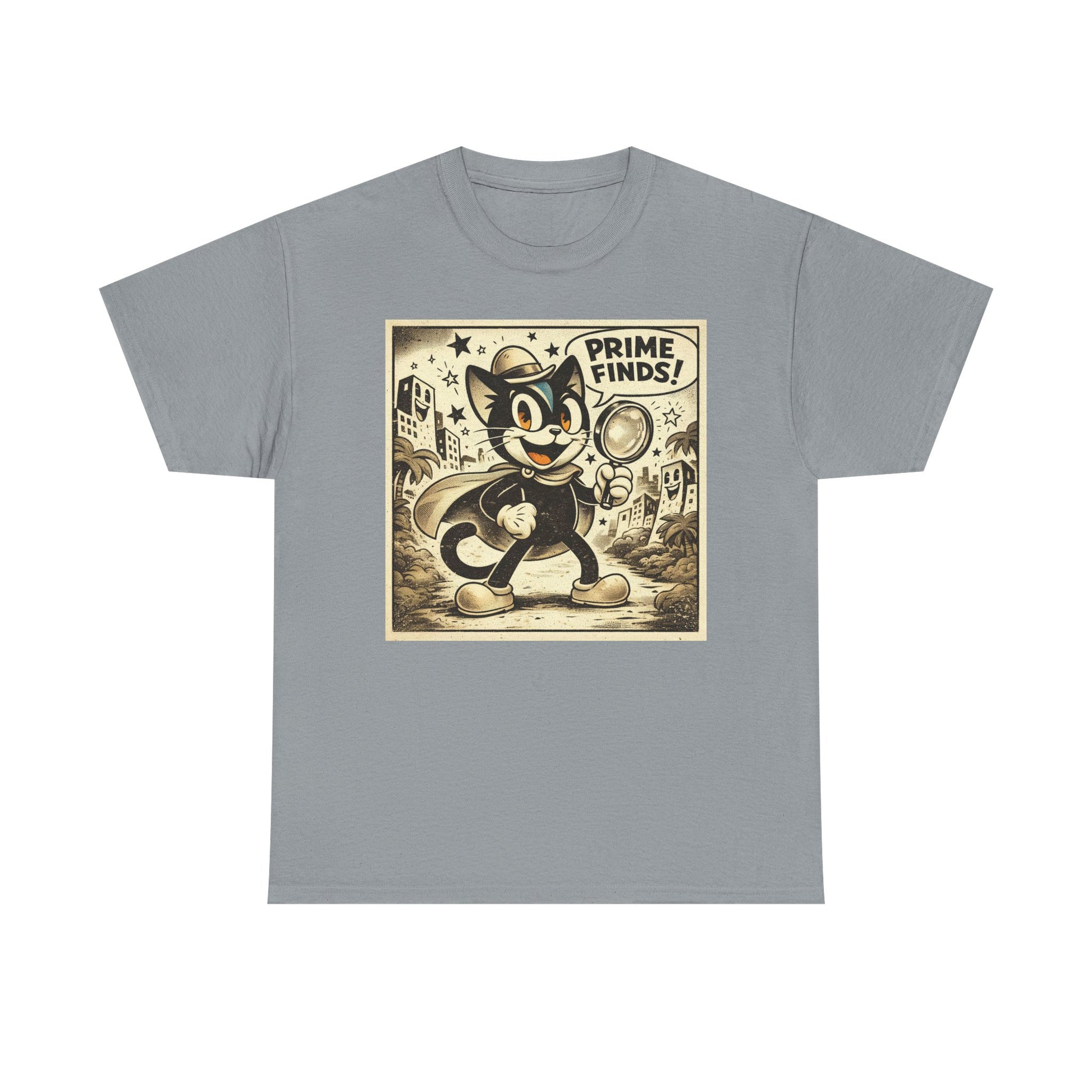 Gray vintage detective cat T-shirt with retro cartoon graphic on the front