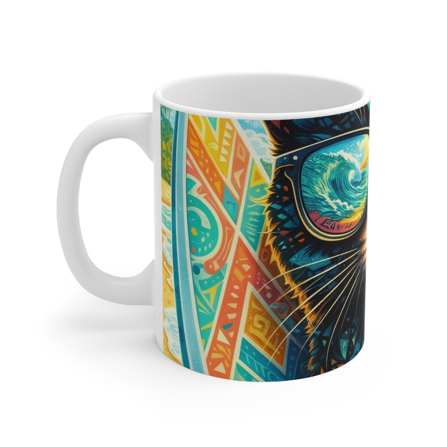 Cat with Sunglasses Wave Reflection Mug — Colorful Surf Vibes 11oz