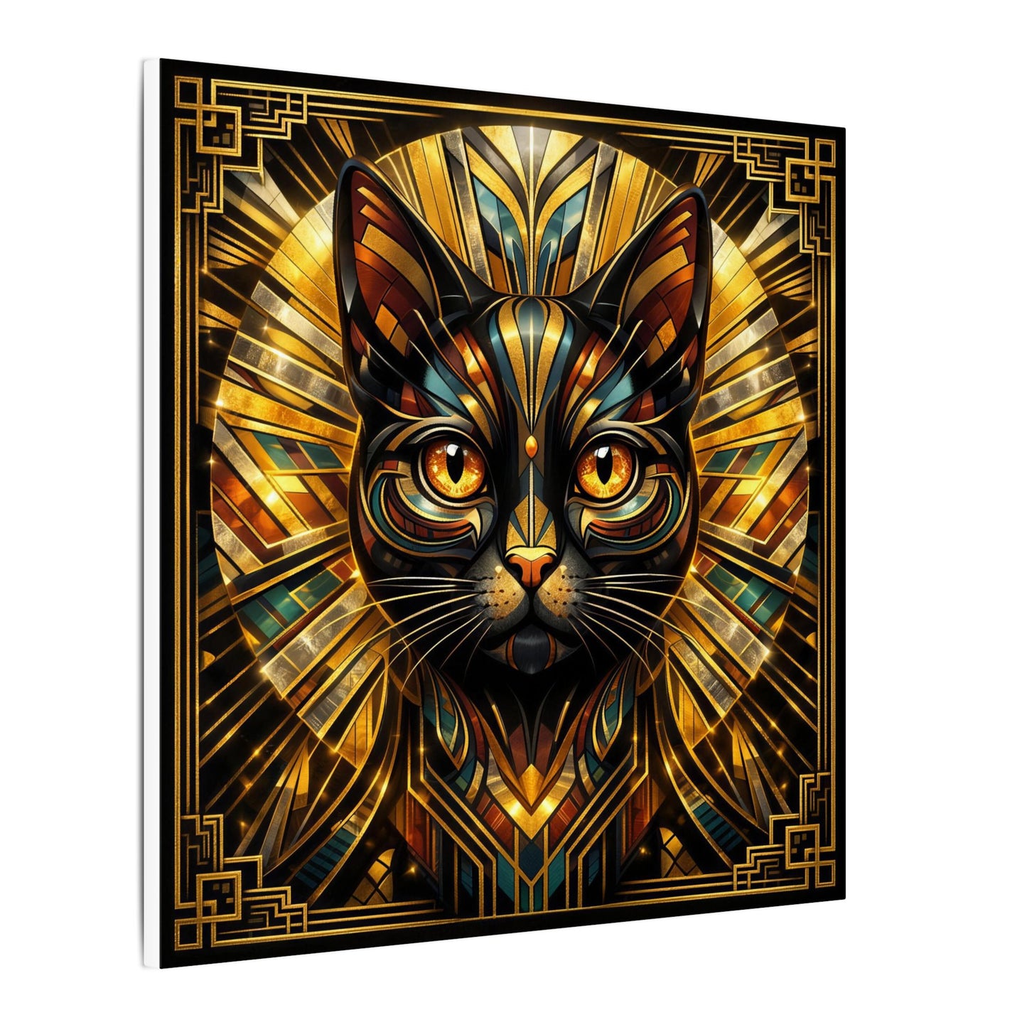 Art Deco Cat Canvas Print — Golden Geometric Feline Wall Art