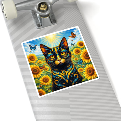 Sunflower Cat Sticker — Vibrant Floral Cat Sticker with Butterflies