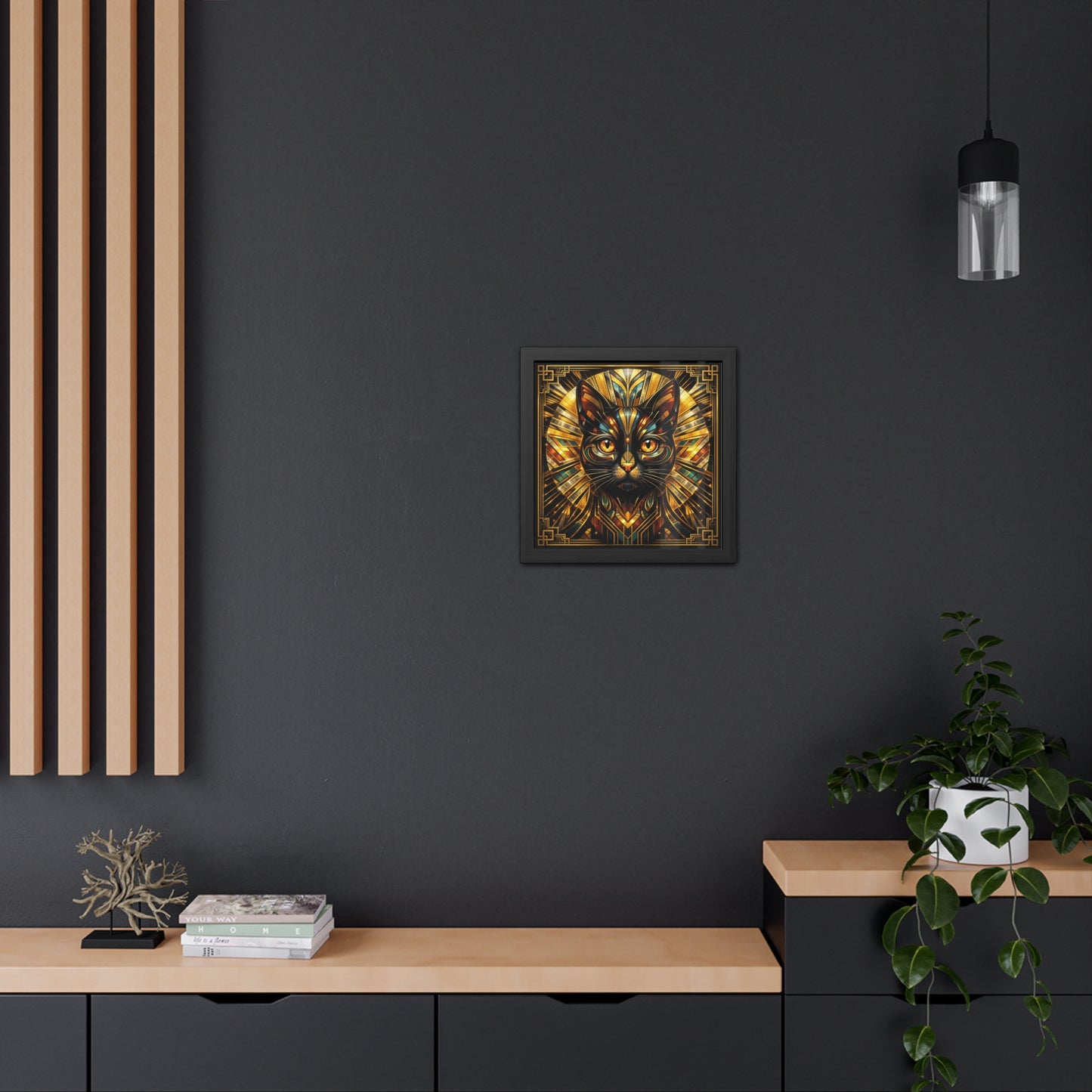 Art Deco Cat Framed Poster — Golden Stained-Glass Feline Wall Art