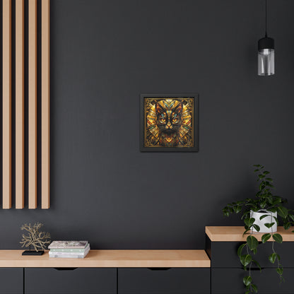 Art Deco Cat Framed Poster — Golden Stained-Glass Feline Wall Art