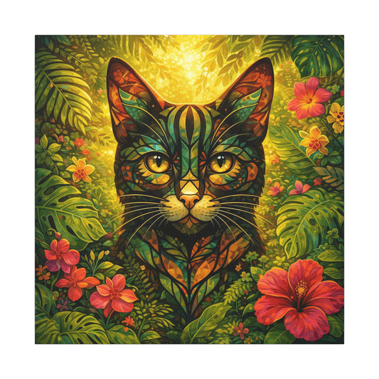 Square tropical cat portrait canvas wall art with colorful leaves and flowers