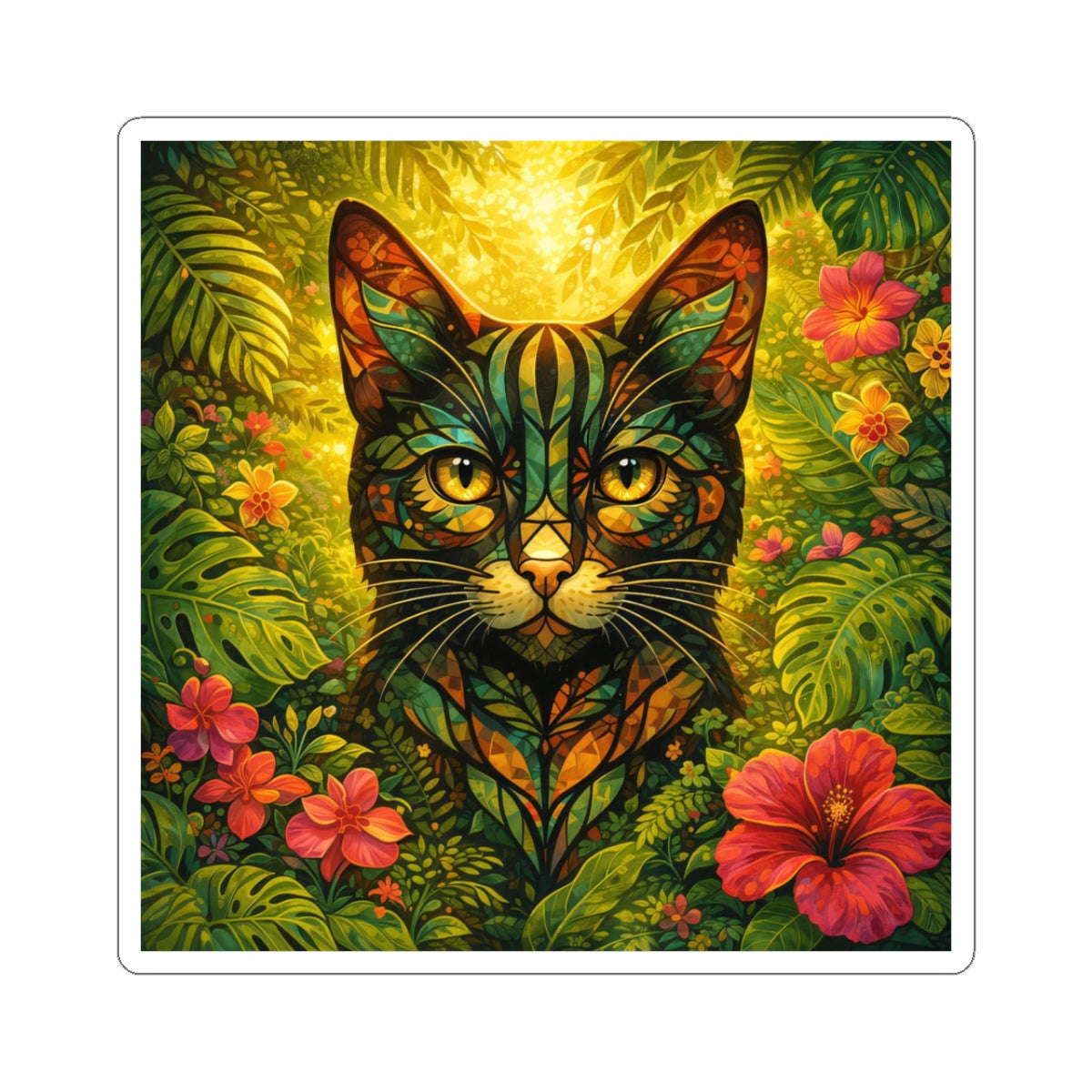Tropical Cat Sticker — Colorful Botanical Kiss-Cut Decal for Laptops & Water Bottles