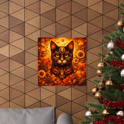 Autumn Cat Poster — Fall Pumpkin & Sunflower Matte Wall Art