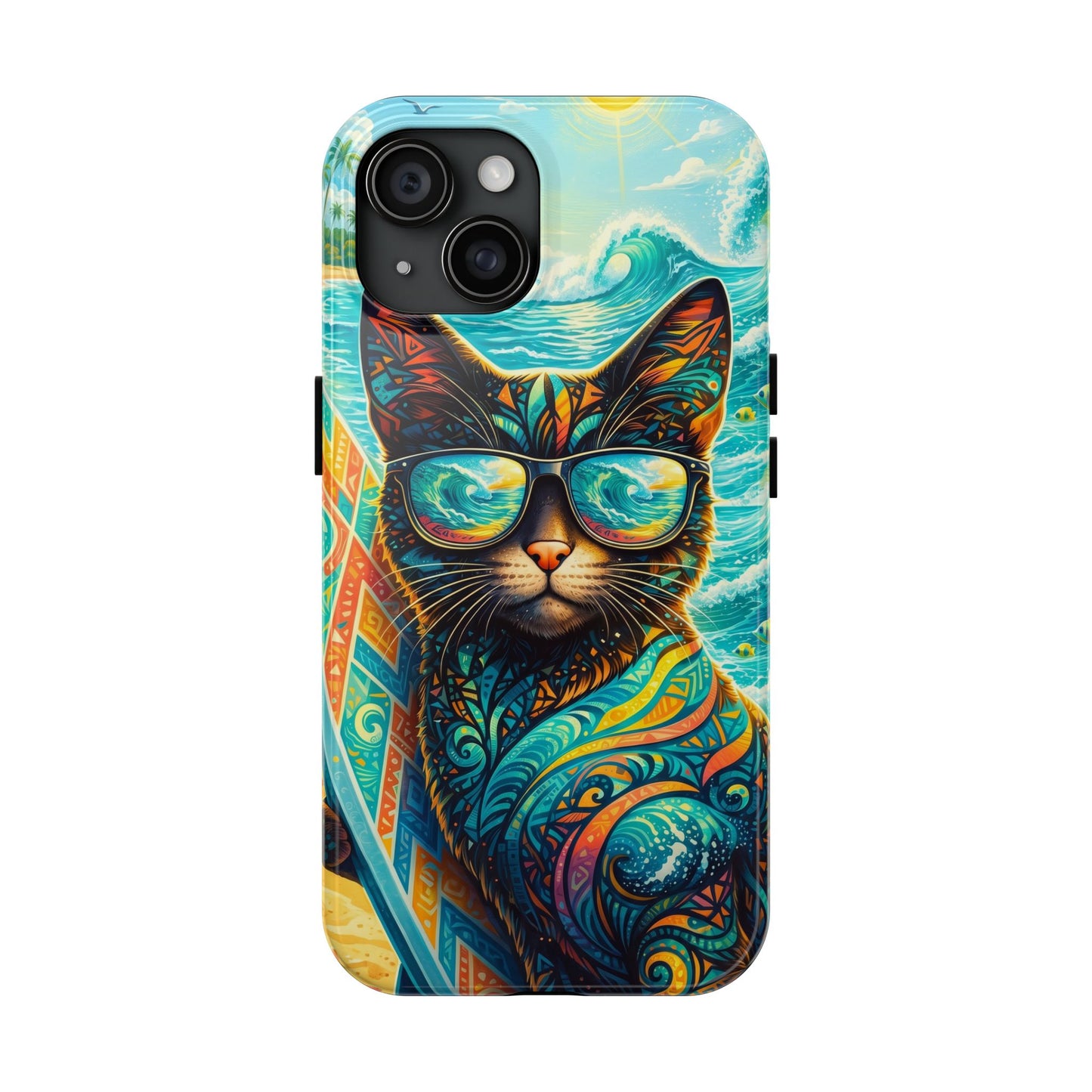 Colorful Surf Cat Tough Phone Case — Sunglasses Beach Vibe