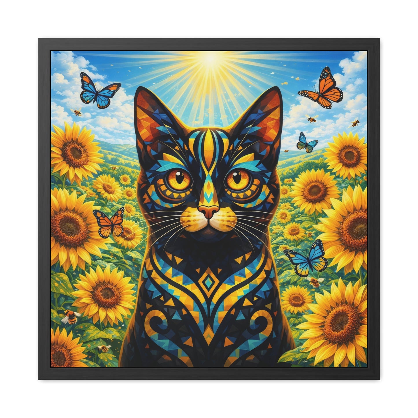 Sunflower Cat Framed Poster — Vibrant Stained-Glass Cat Art Print