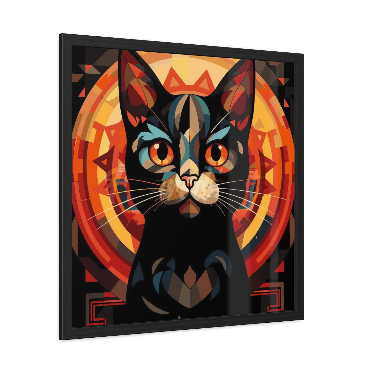 Framed Poster — Stylized Black Cat Art Print (Geometric Sun Halo)