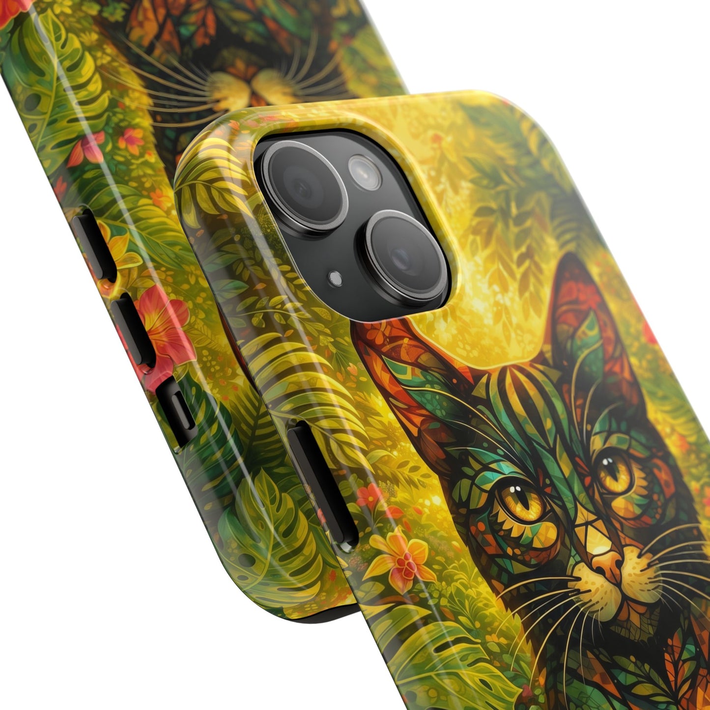Tough phone case close-up with jungle cat artwork and yellow-green leaf pattern, camera cutout.
