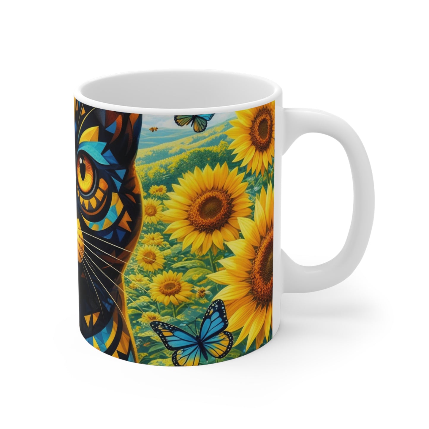 Sunflower Cat Mug — Colorful Geometric Cat Face Coffee Cup (11 oz)