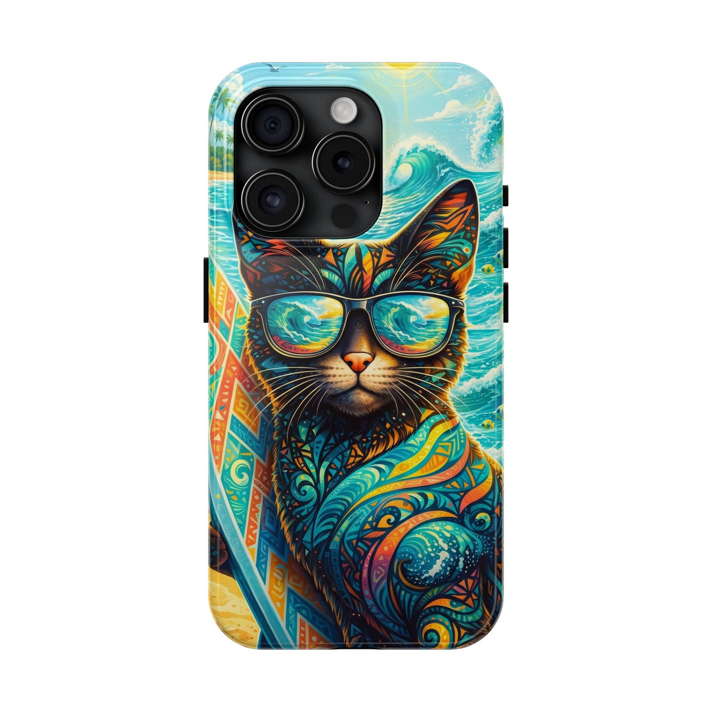 Colorful Surf Cat Tough Phone Case — Sunglasses Beach Vibe