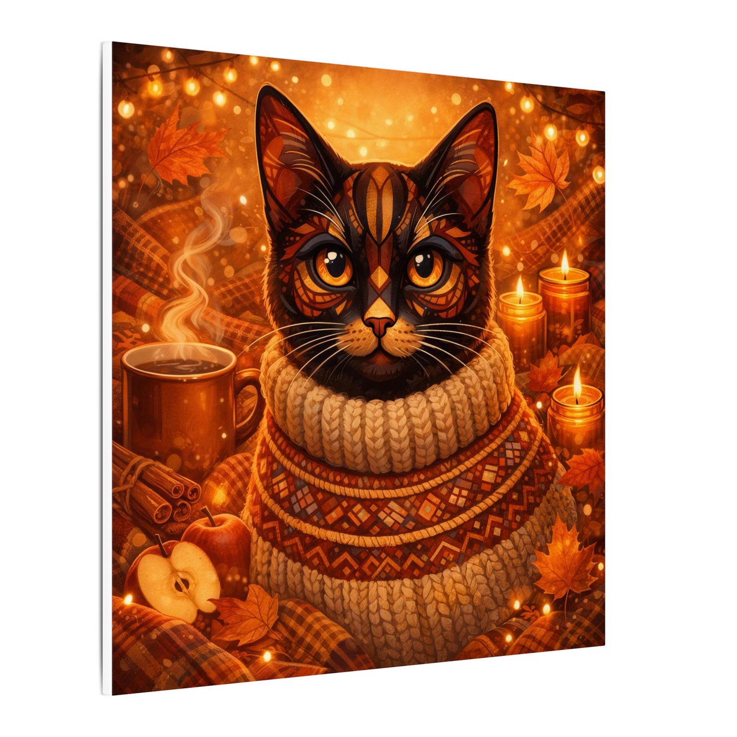 Autumn Cozy Cat Canvas - Warm Fall Cat Portrait with Sweater, Candles & Coffee