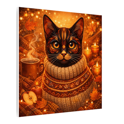 Autumn Cozy Cat Canvas - Warm Fall Cat Portrait with Sweater, Candles & Coffee
