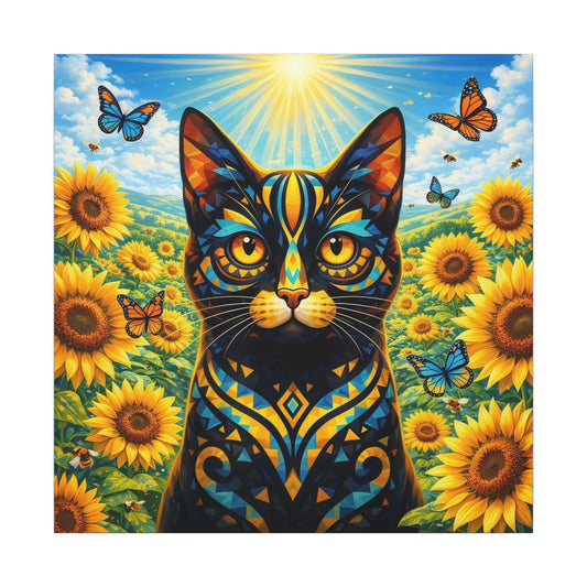 Square canvas print of a dark cat with sunflowers and butterflies in bright blue tones