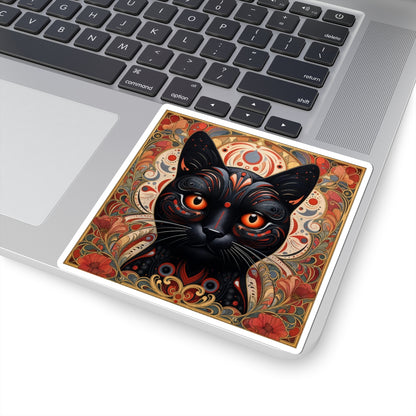Black Cat Art Sticker — Ornate Orange Eyes Kiss-Cut Vinyl Sticker